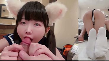 Tied Catgirl Cosplay Sucks Dick with Small Tongue